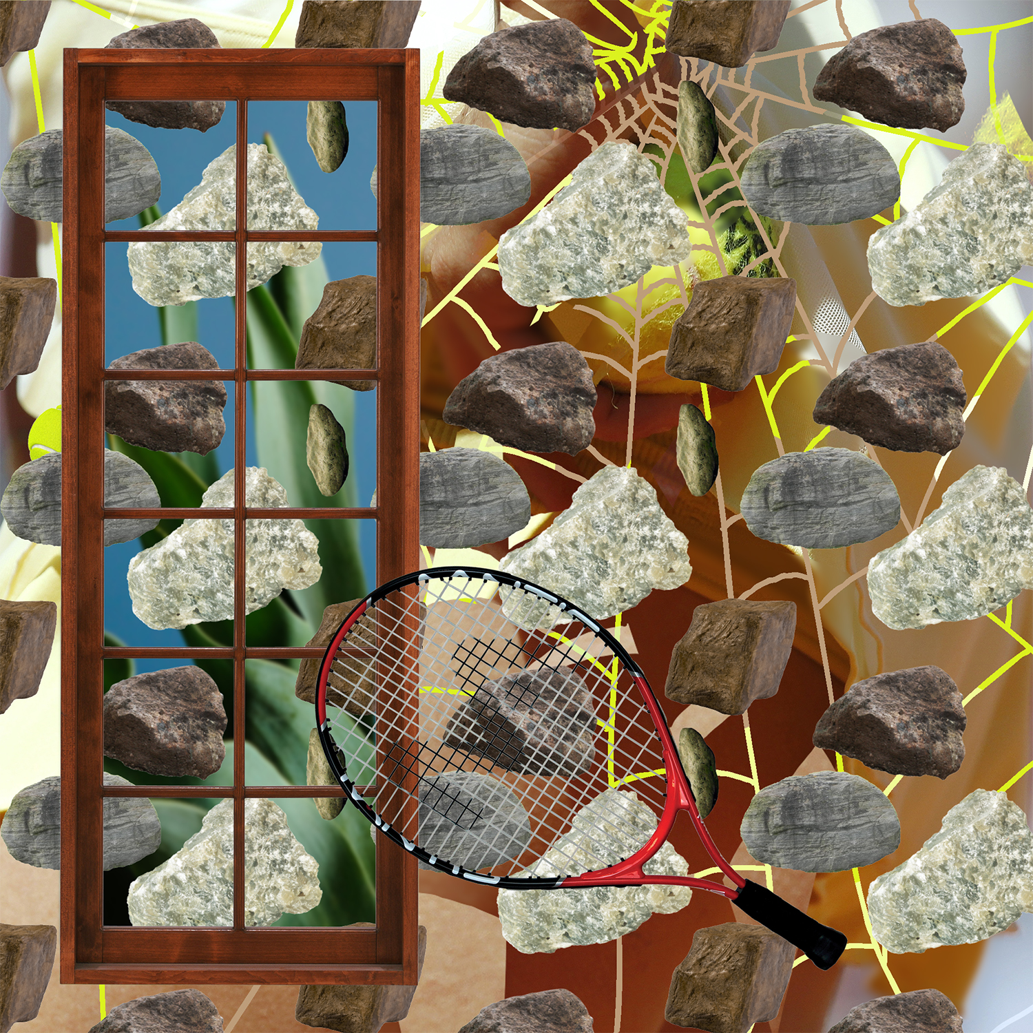 a collage of a window, a web and a tennis racquet
