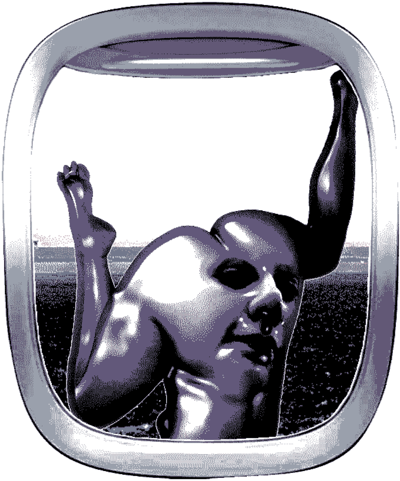 an animated female torso with a face on it looking out a plane window