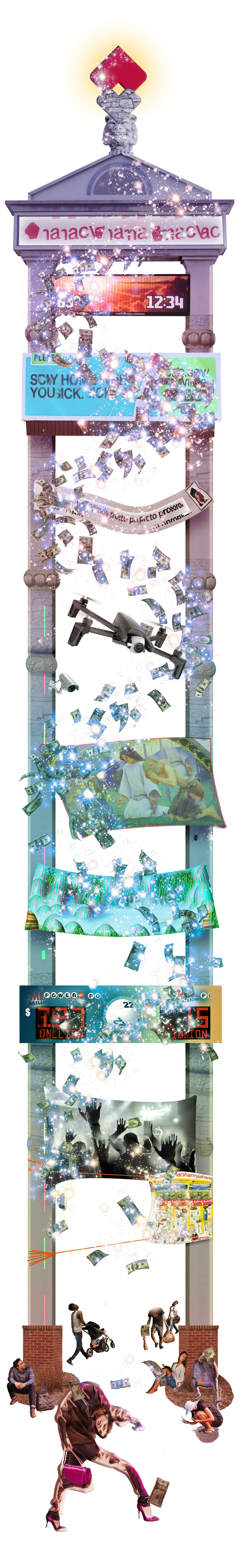 a very long scrolling collage of money raining down a tall pharmacy billboard, trickling down to people below