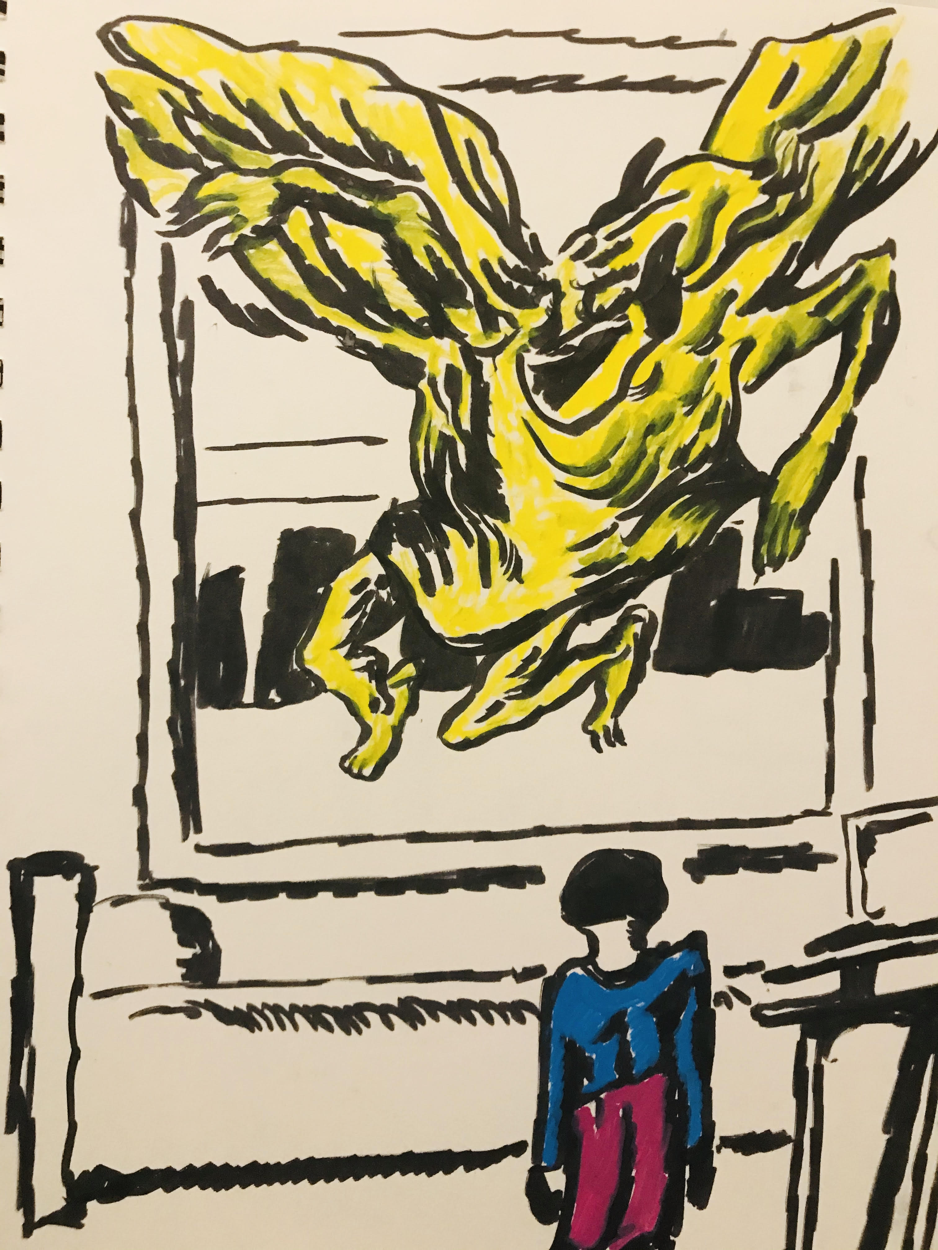 a drawing of an abstract yellow thing coming through the window
