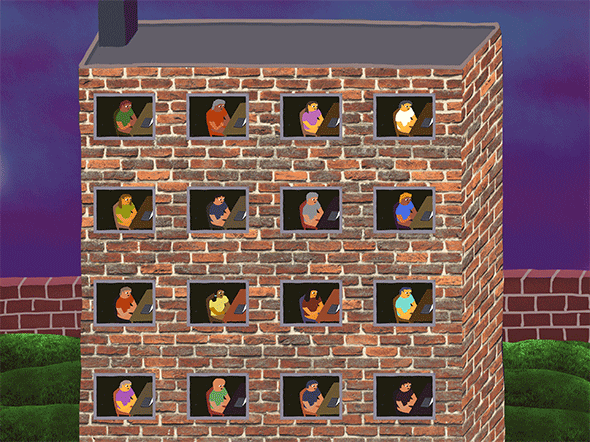 a brick building with 16 similar animated people in each window moving