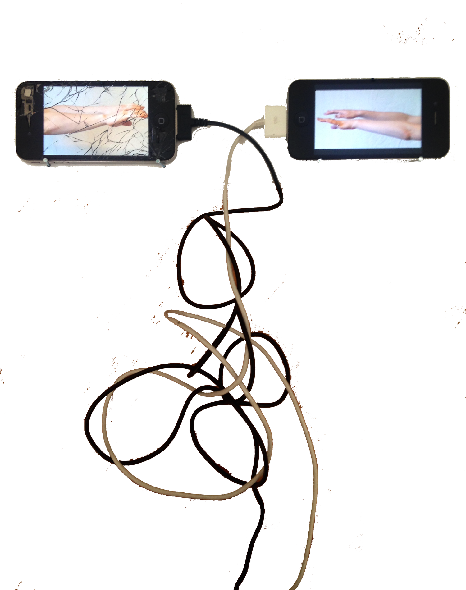 two cellphones with hands on the screen entangled