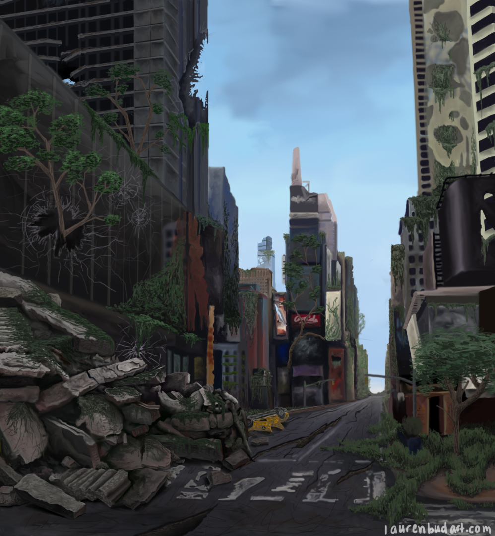 an illustration of a post apocalyptic city