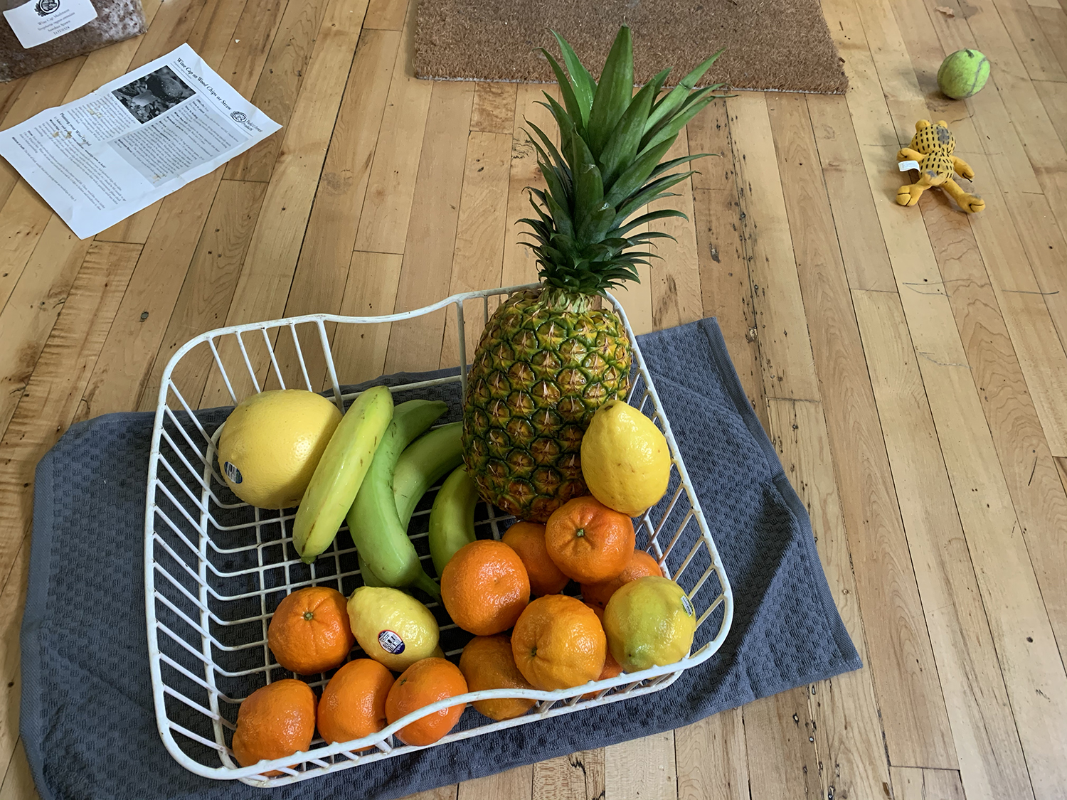 fruit in a basket on a hardwood floor