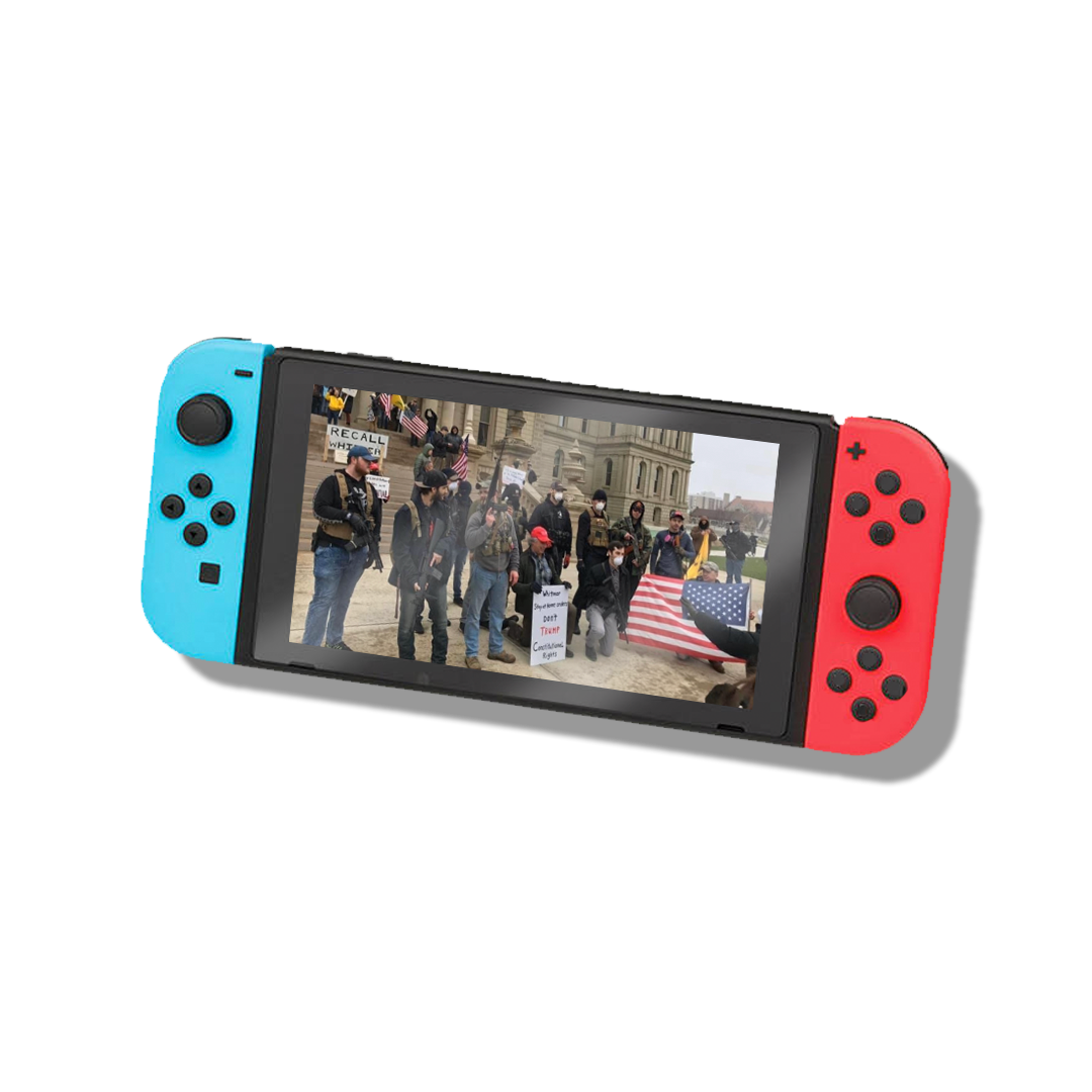 a nintendo switch with protestors on the screen